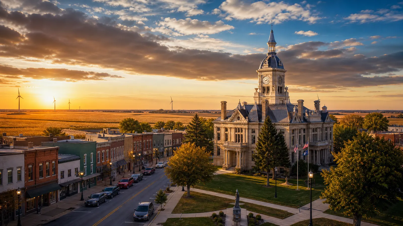 Marshall County courthouse and the Marshalltown square at sunset, corn fields on the horizon